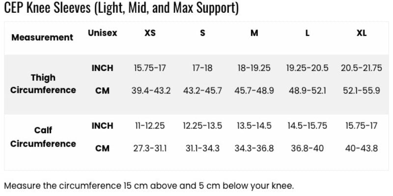 Light Support Knee Sleeve, Unisex Size Chart - SKU WO611E1