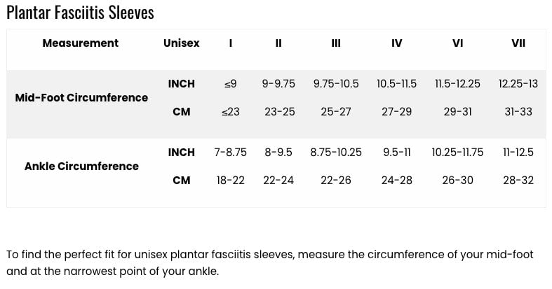 Plantar Fasciitis Sleeves, pair, unisex Size Chart - SKU WO1DV11