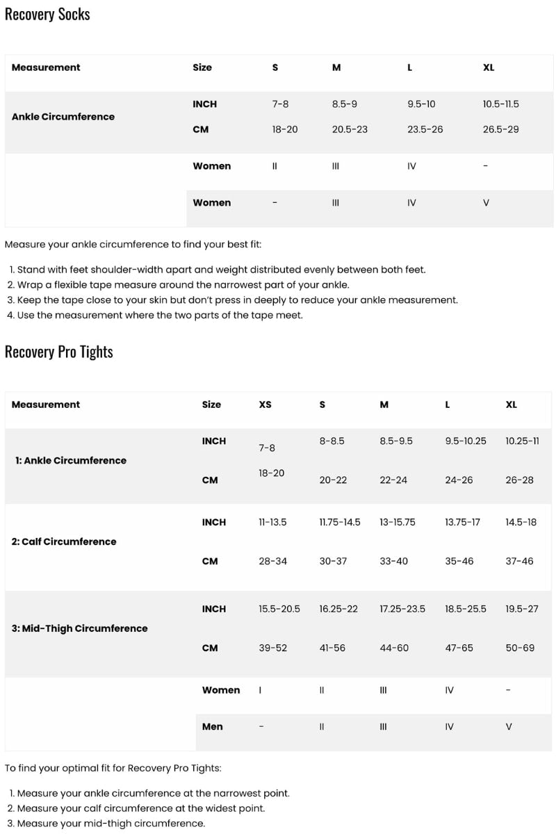Pro Recovery Tights, Women Size Chart - SKU W9G95G1