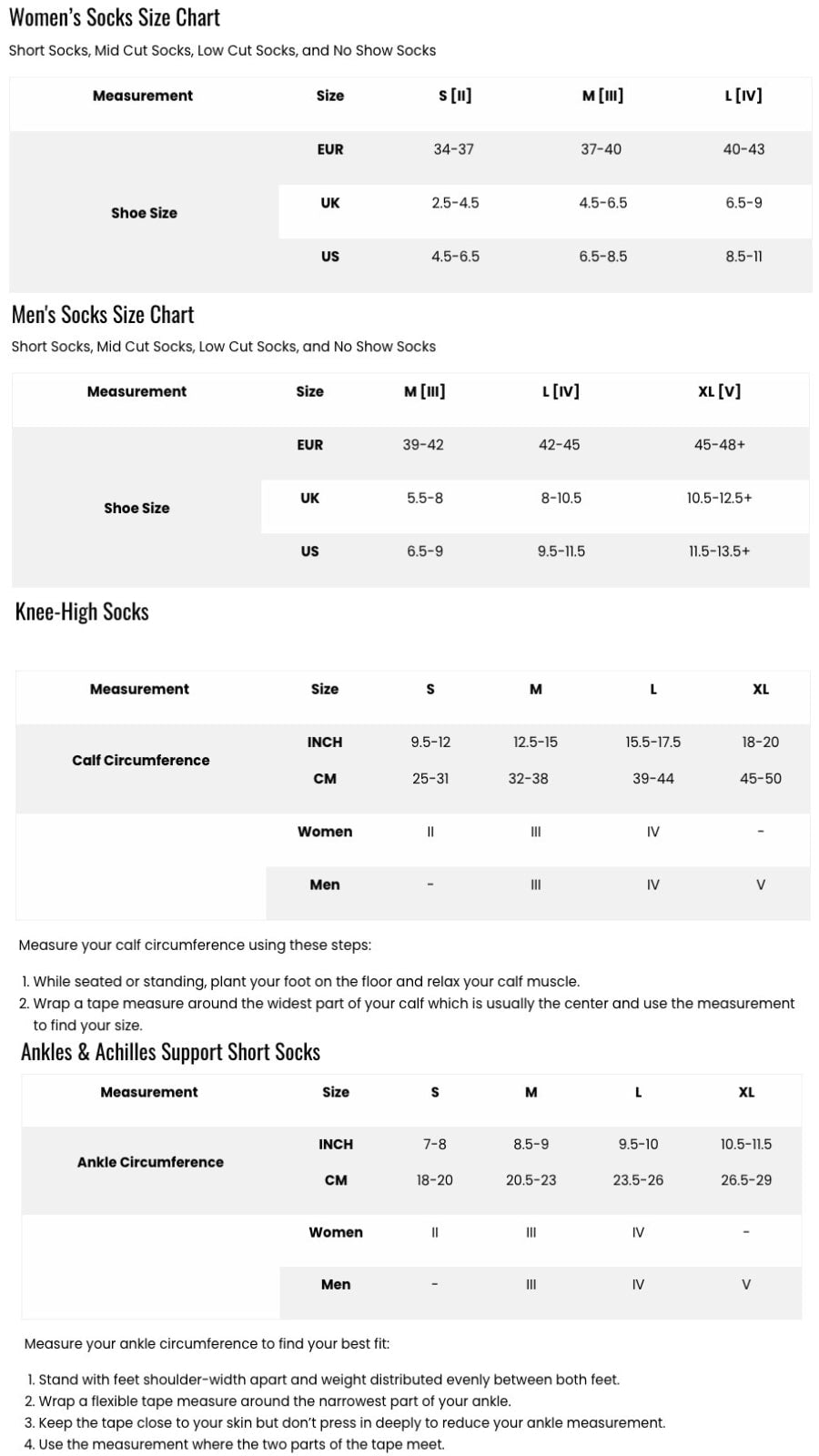 Reflective Socks, Women Size Chart - SKU WP402Z2